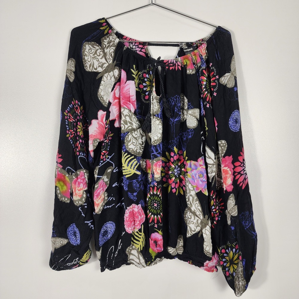 Desigual Blouse Womens XL Black Floral Butterfly Boho Peasant Top